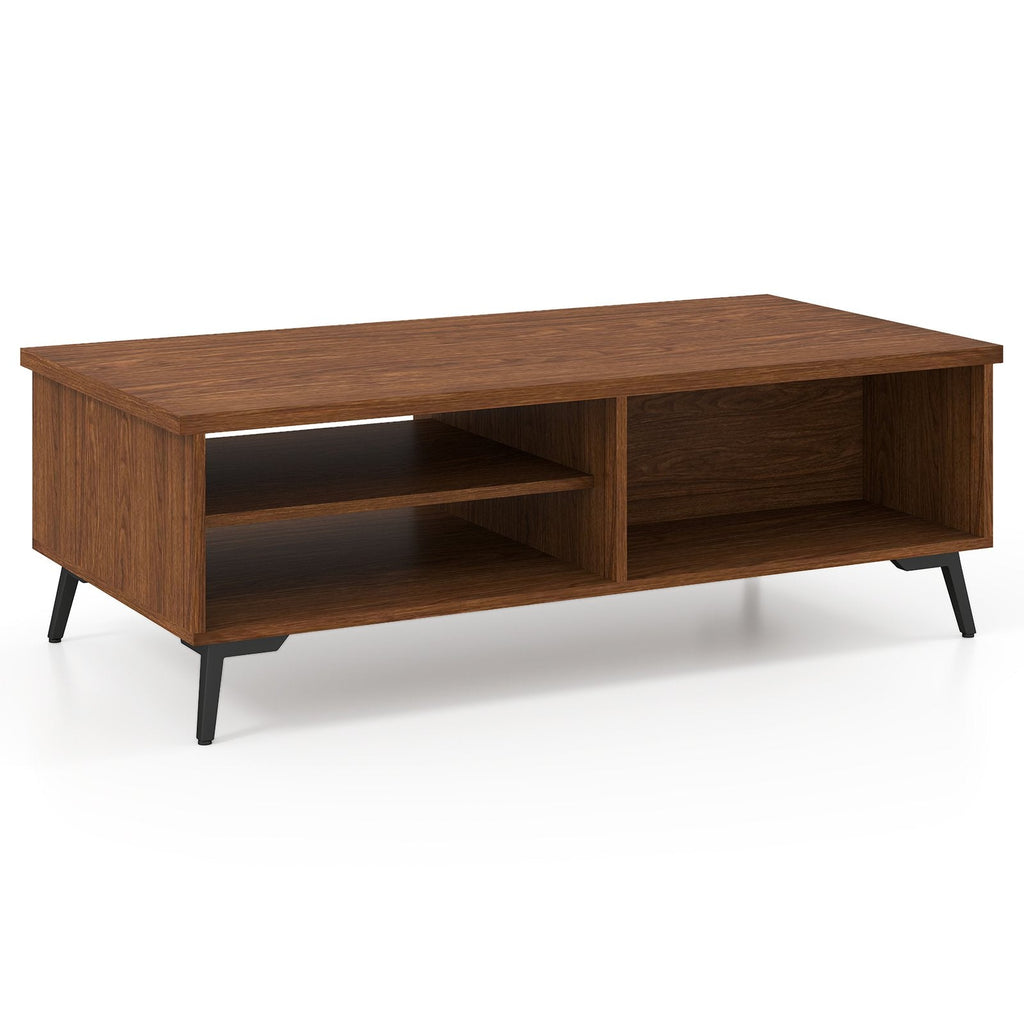 2-Tier Mid Century Modern Coffee Table with Storage Shelves Compartments-Walnut