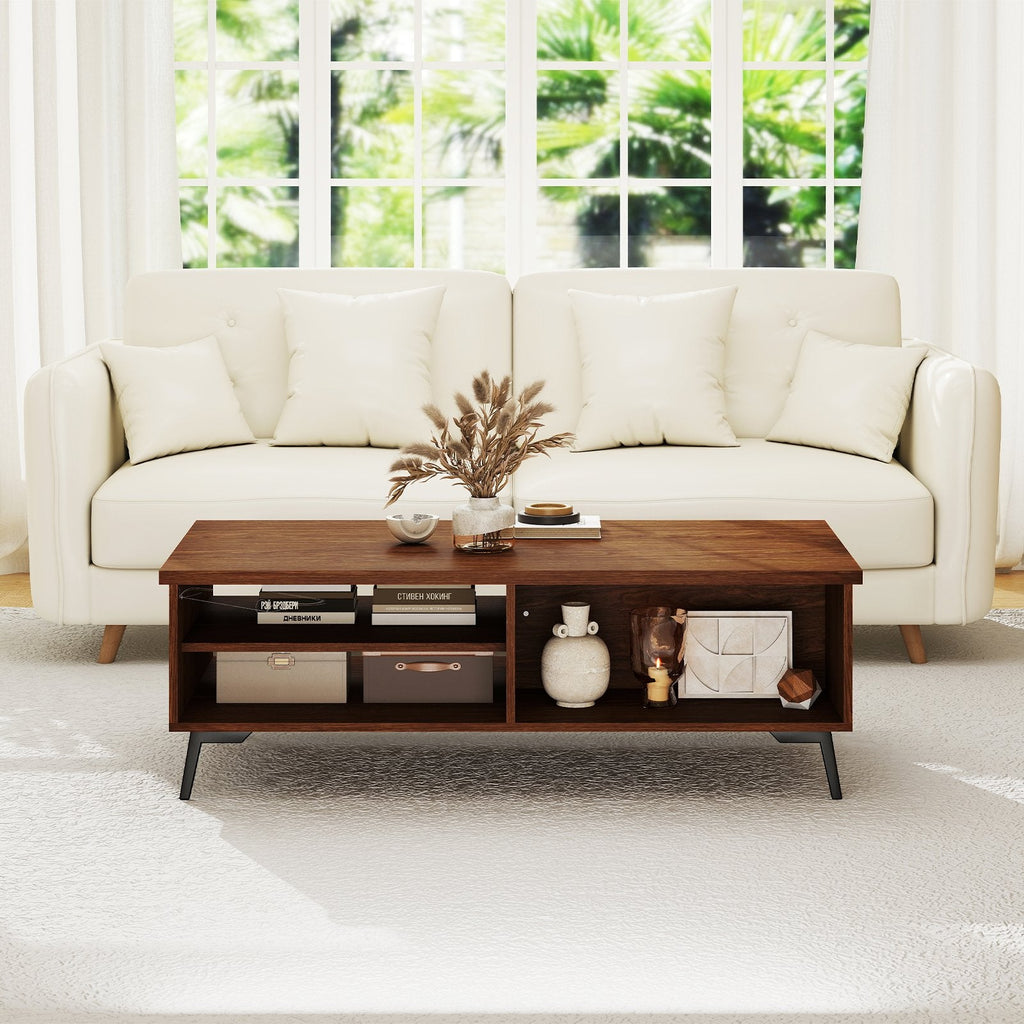 2-Tier Mid Century Modern Coffee Table with Storage Shelves Compartments-Walnut