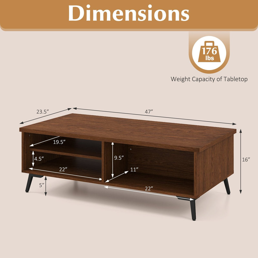 2-Tier Mid Century Modern Coffee Table with Storage Shelves Compartments-Walnut