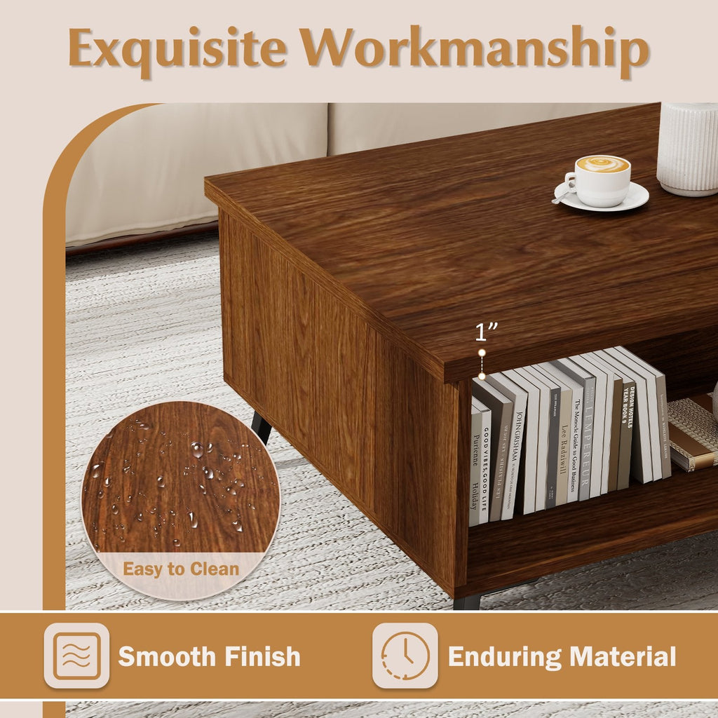 2-Tier Mid Century Modern Coffee Table with Storage Shelves Compartments-Walnut