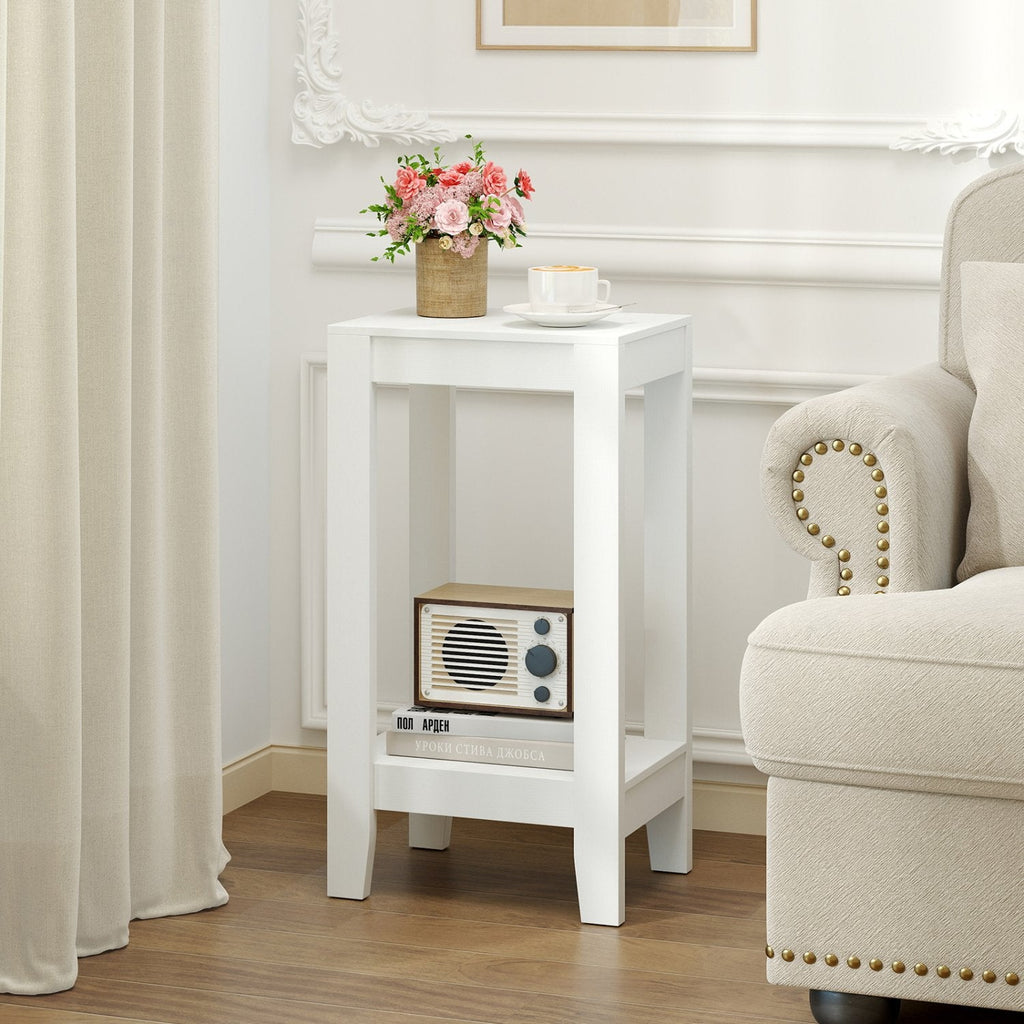 Tall 2 Tier Nightstand with Solid Wood Legs and Open Shelf, White