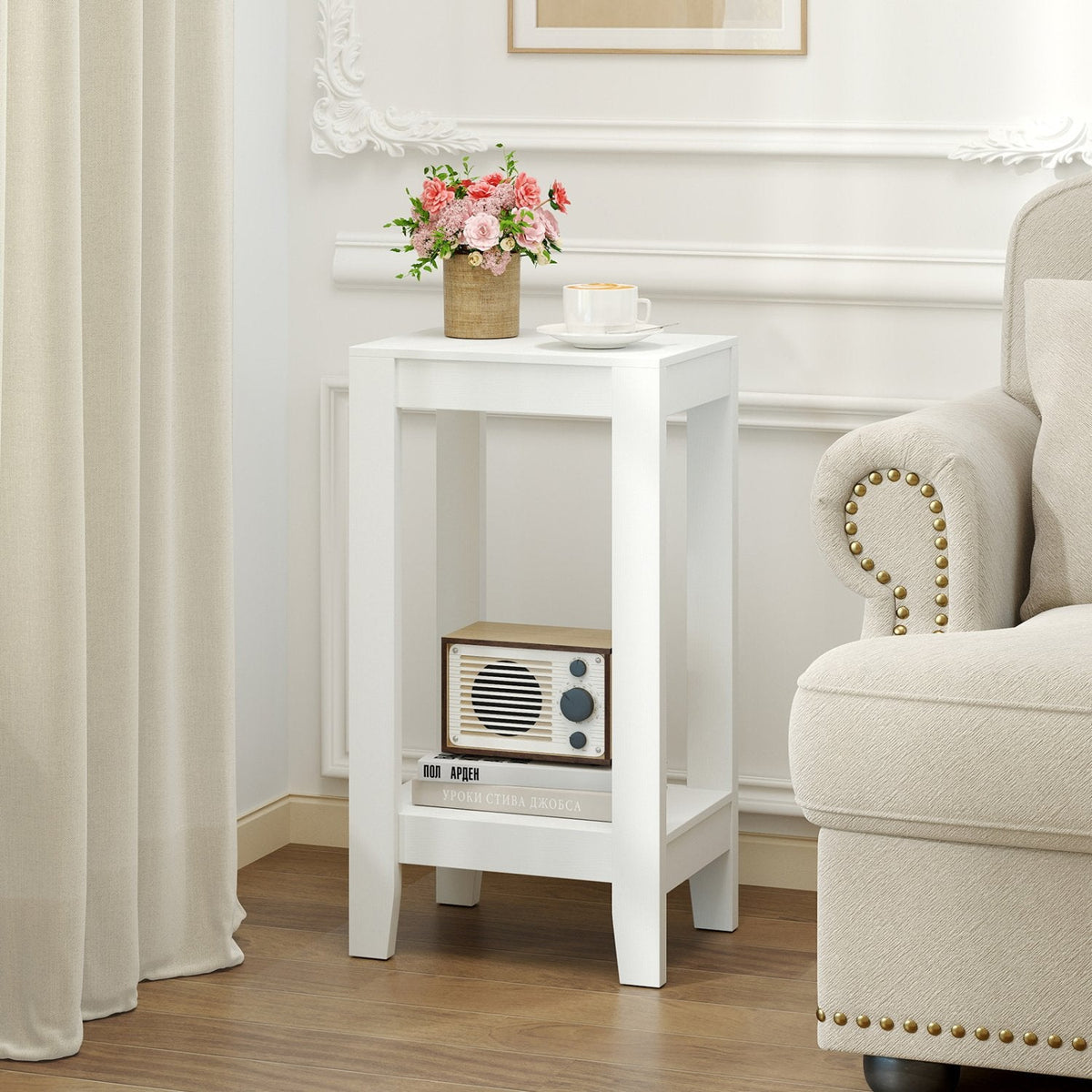 Tall 2 Tier Nightstand with Solid Wood Legs and Open Shelf, White