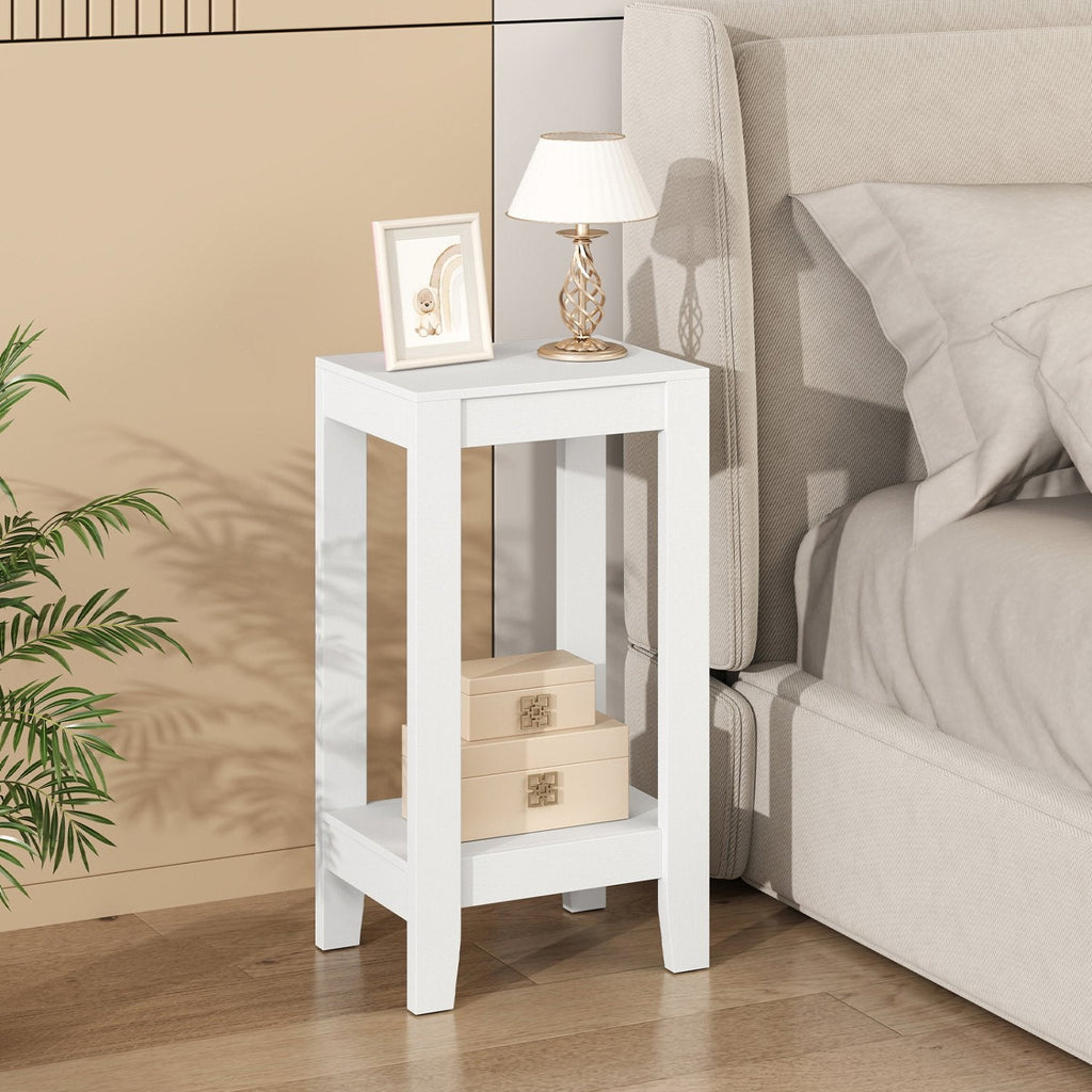 Tall 2 Tier Nightstand with Solid Wood Legs and Open Shelf, White
