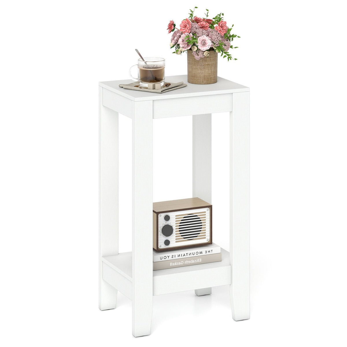 Tall 2 Tier Nightstand with Solid Wood Legs and Open Shelf, White