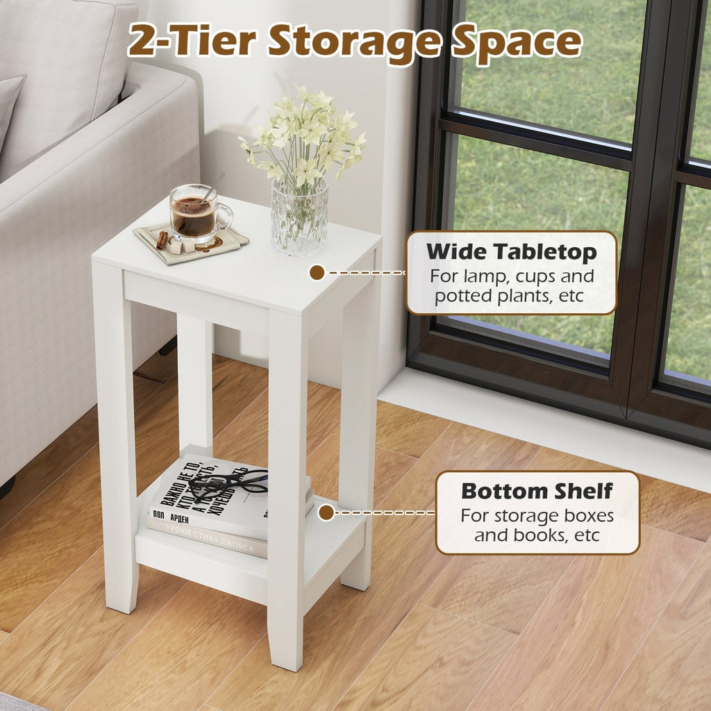 Tall 2 Tier Nightstand with Solid Wood Legs and Open Shelf, White