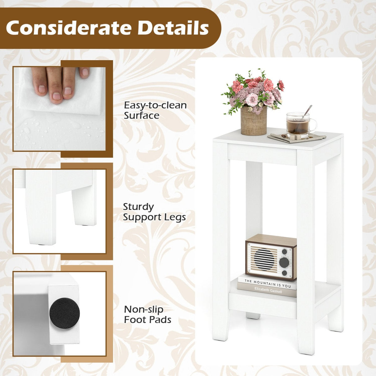 Tall 2 Tier Nightstand with Solid Wood Legs and Open Shelf, White