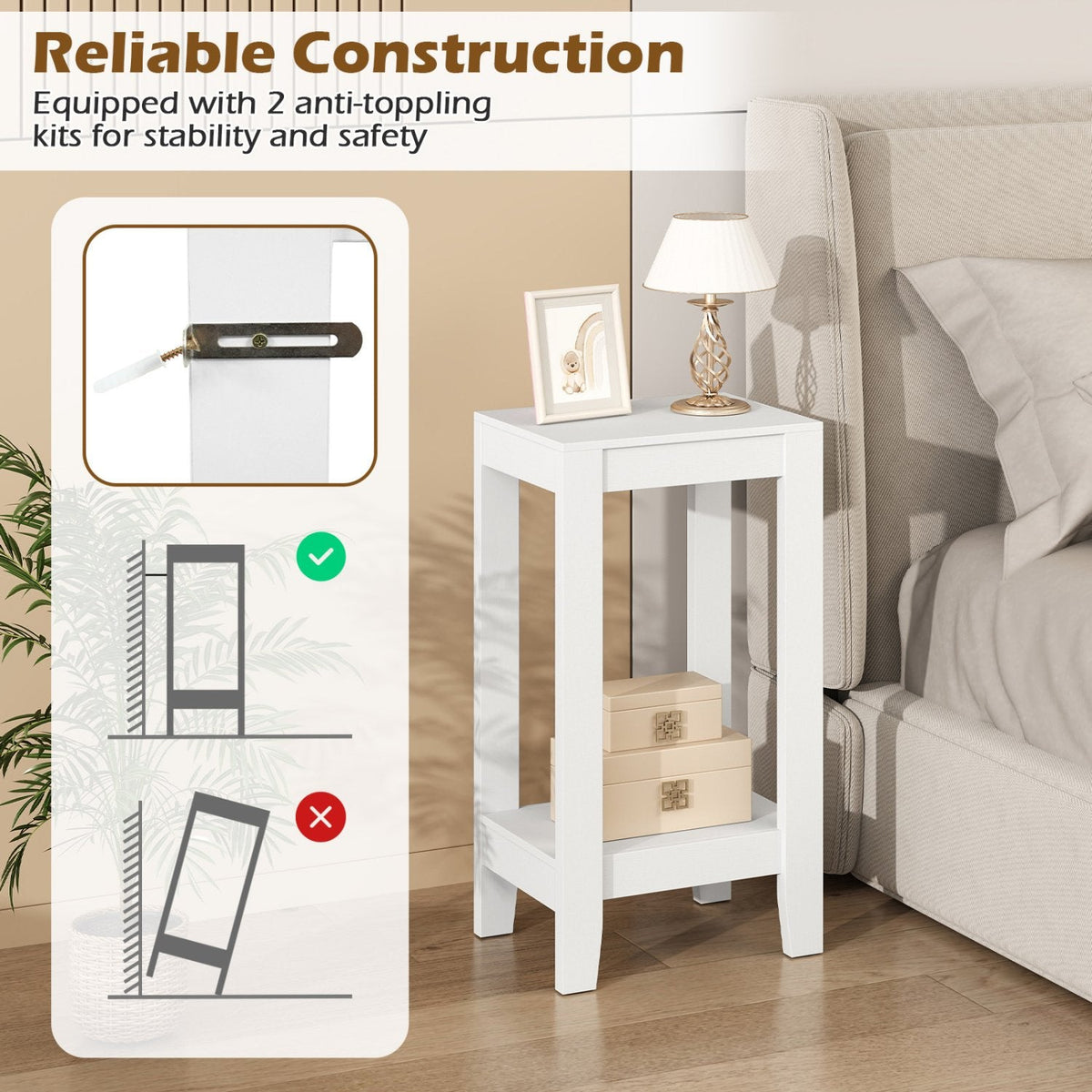 Tall 2 Tier Nightstand with Solid Wood Legs and Open Shelf, White