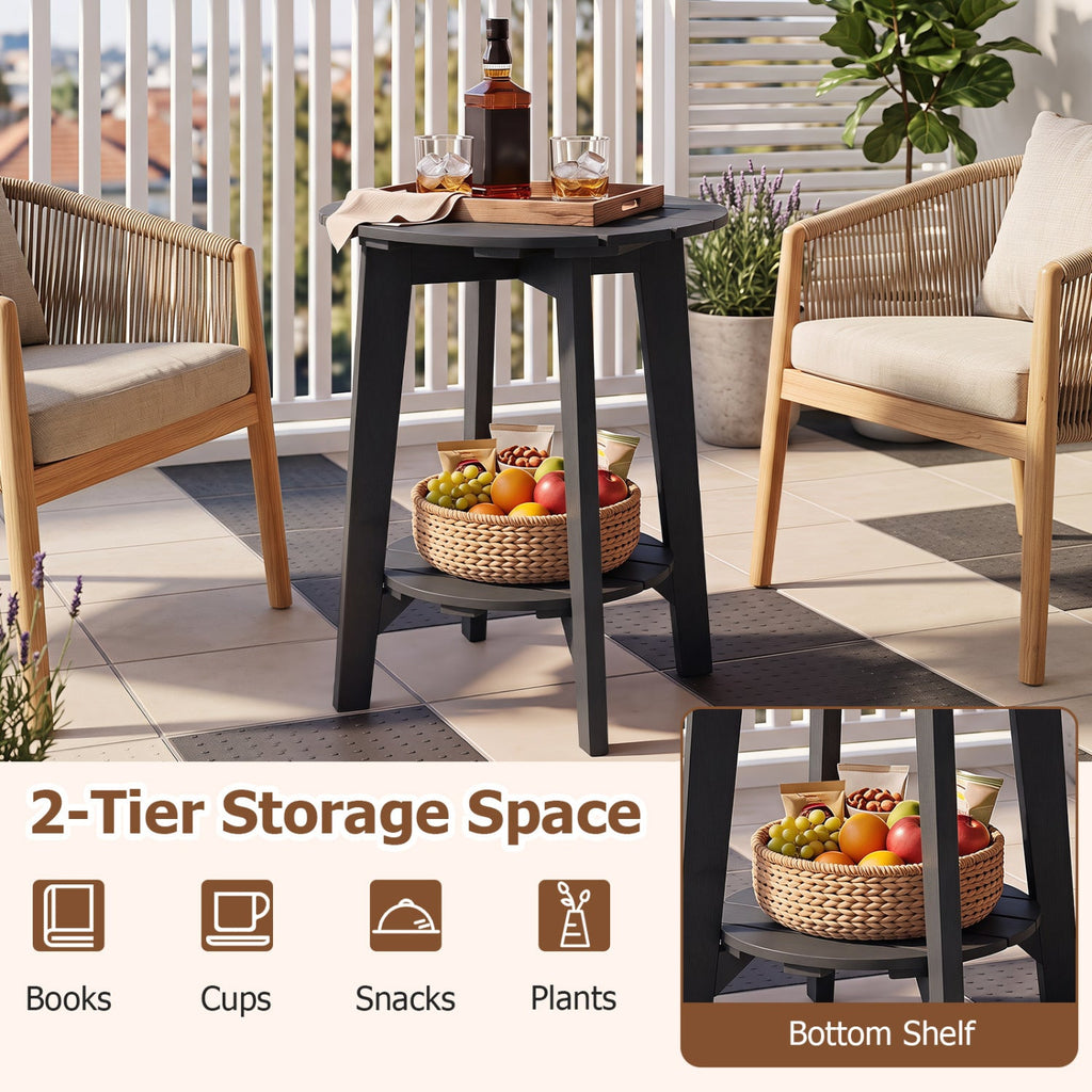 2-Tier Outdoor Eucalyptus Wood Side Table with Slatted Tabletop and Storage Shelf for Backyard-Black