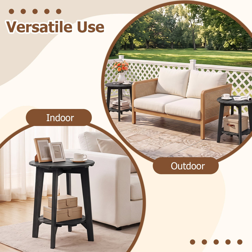 2-Tier Outdoor Eucalyptus Wood Side Table with Slatted Tabletop and Storage Shelf for Backyard-Black