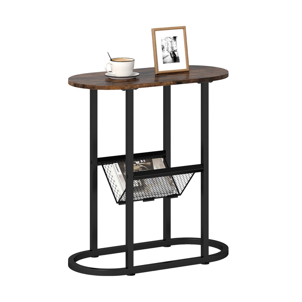 2 Tier Oval Narrow Bedside End Table with Mesh Basket, Rustic Brown