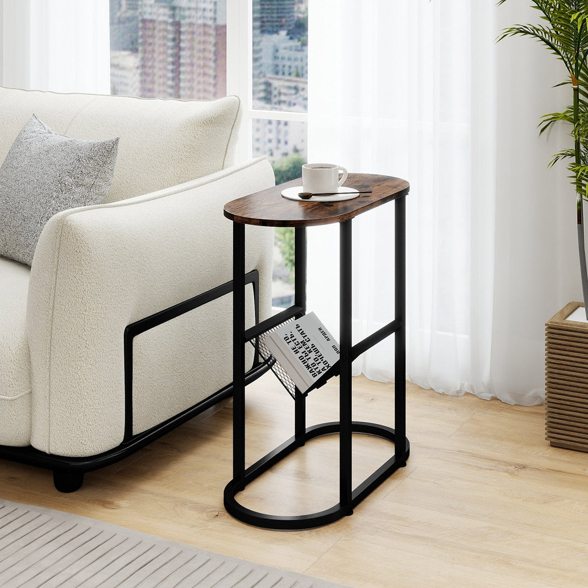 2 Tier Oval Narrow Bedside End Table with Mesh Basket, Rustic Brown