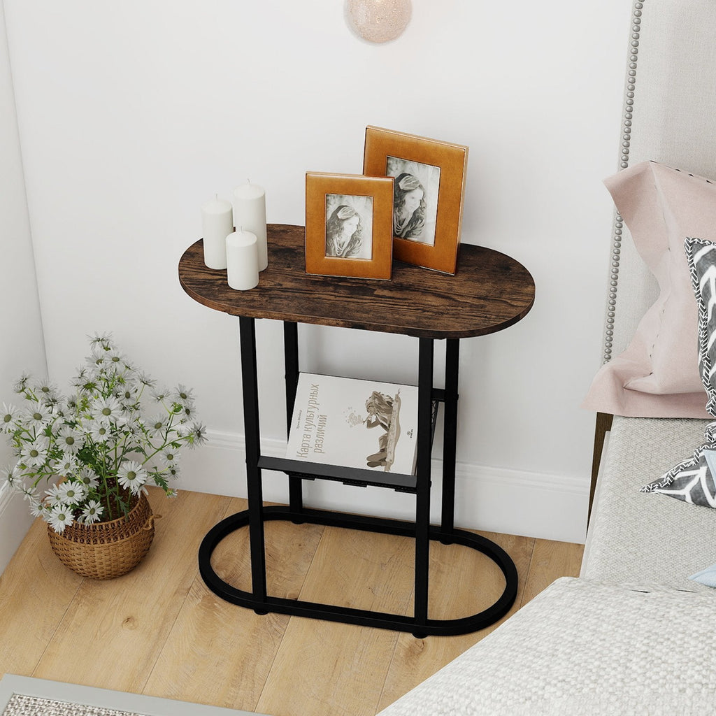 2 Tier Oval Narrow Bedside End Table with Mesh Basket, Rustic Brown