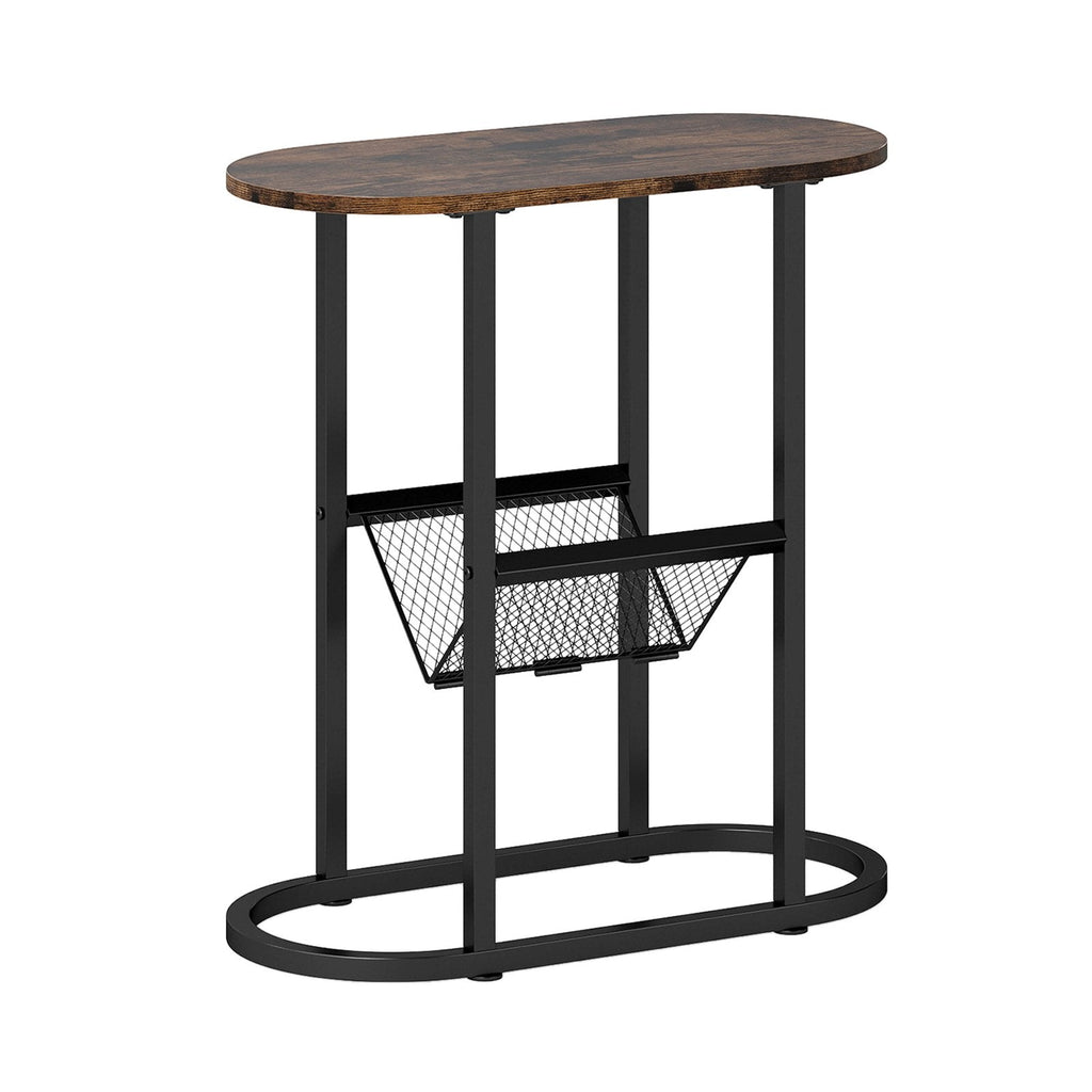 2 Tier Oval Narrow Bedside End Table with Mesh Basket, Rustic Brown