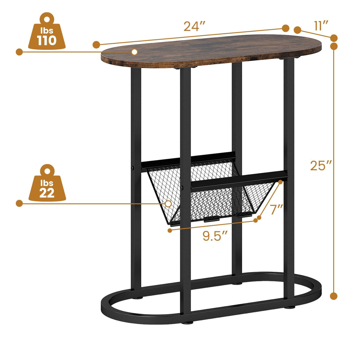 2 Tier Oval Narrow Bedside End Table with Mesh Basket, Rustic Brown