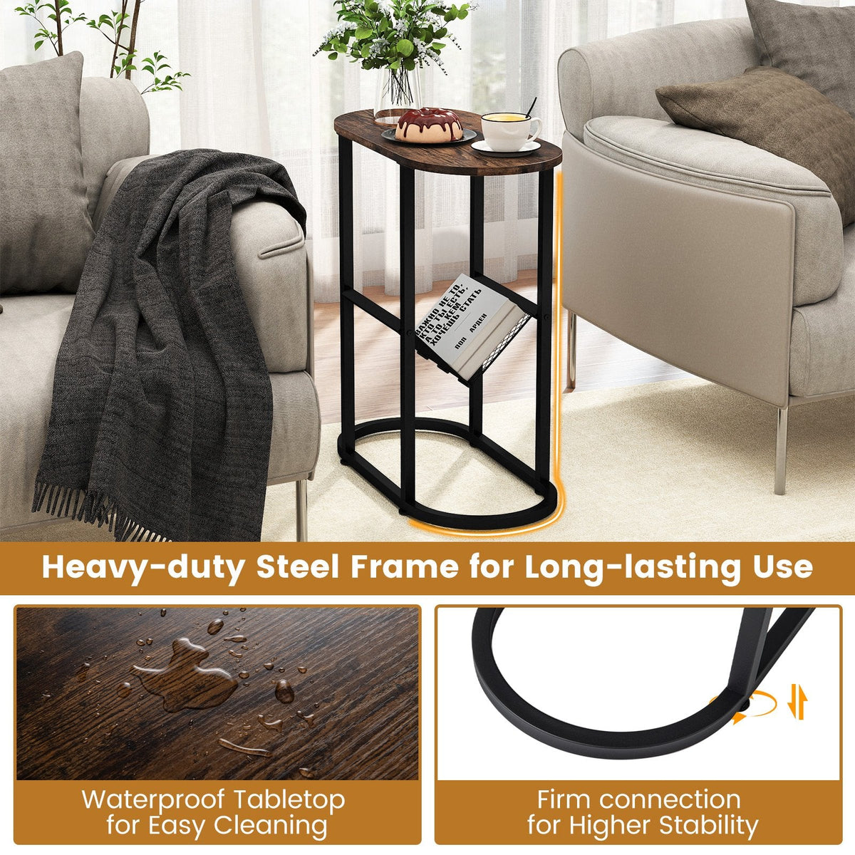 2 Tier Oval Narrow Bedside End Table with Mesh Basket, Rustic Brown