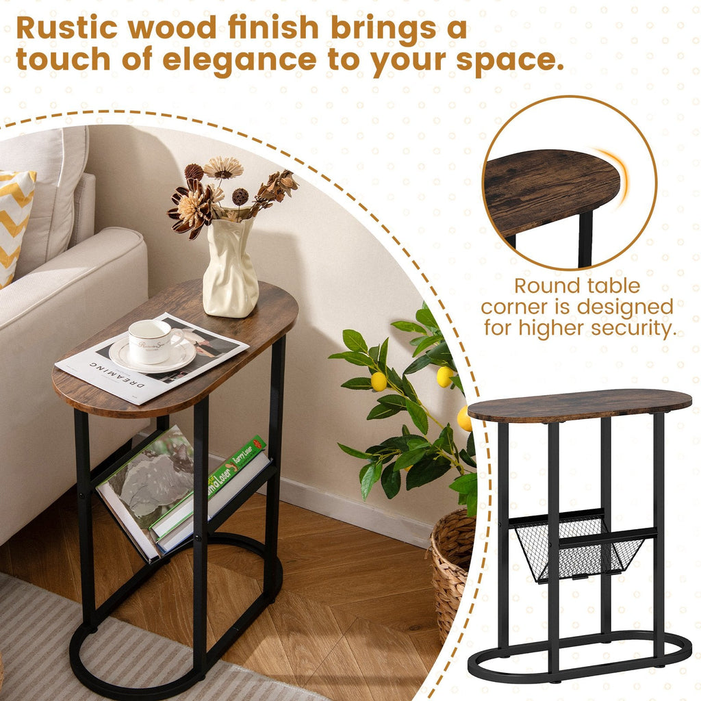 2 Tier Oval Narrow Bedside End Table with Mesh Basket, Rustic Brown
