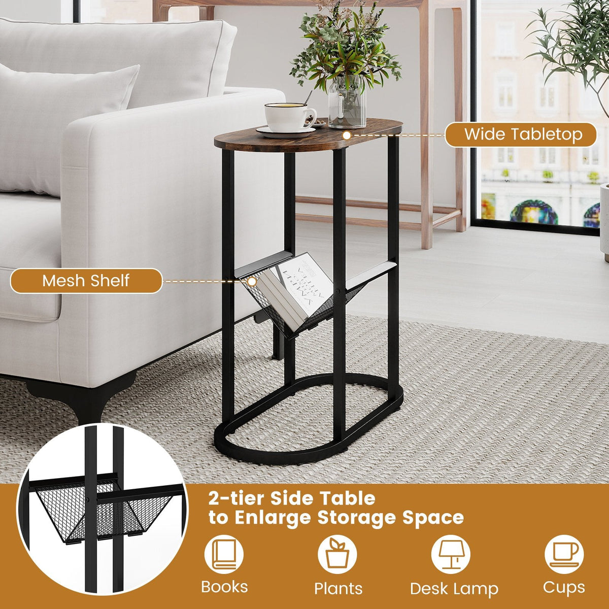 2 Tier Oval Narrow Bedside End Table with Mesh Basket, Rustic Brown
