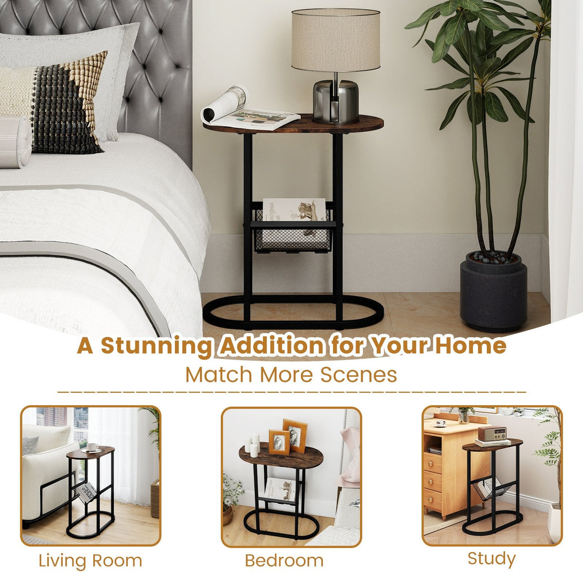 2 Tier Oval Narrow Bedside End Table with Mesh Basket, Rustic Brown