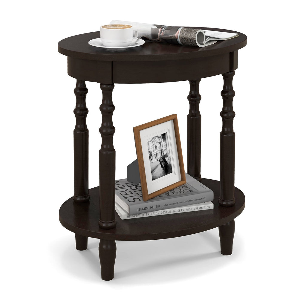 2-Tier Oval Side Table with Storage Shelf and Solid Wood Legs, Espresso