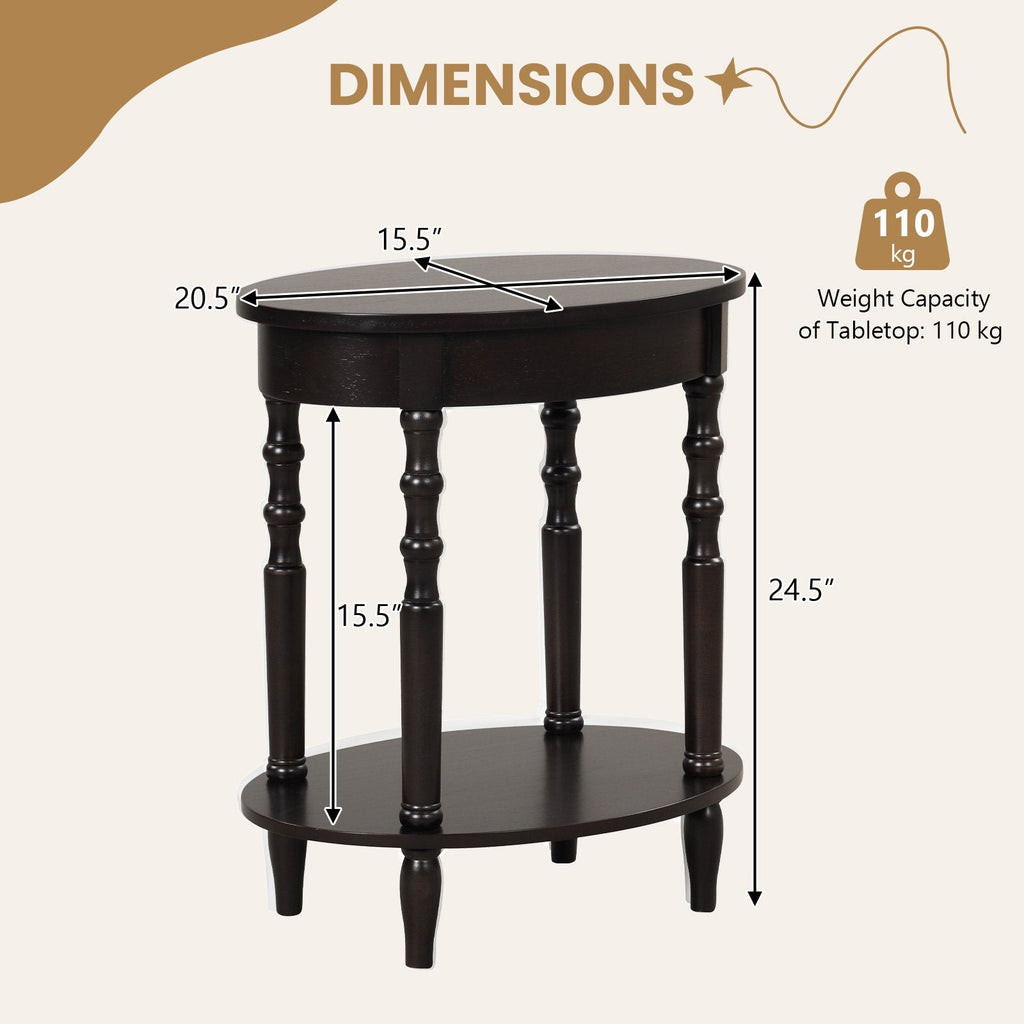 2-Tier Oval Side Table with Storage Shelf and Solid Wood Legs, Espresso