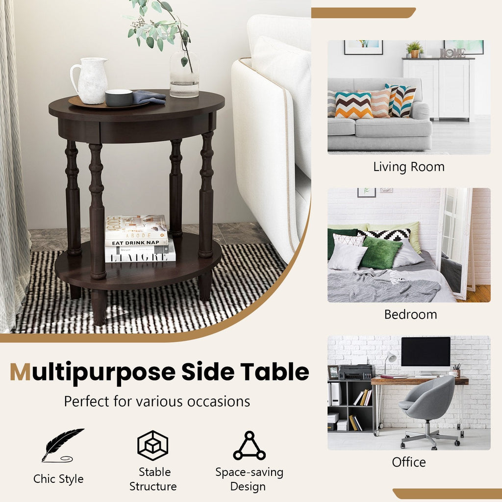 2-Tier Oval Side Table with Storage Shelf and Solid Wood Legs, Espresso