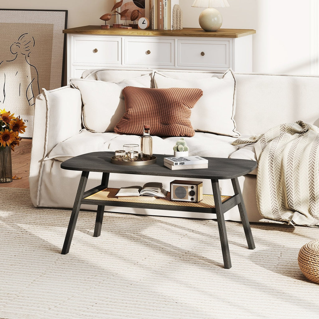 2-Tier Rectangular Center Coffee Table with Rattan Storage Shelf and Rubber Wood Legs-Dark Gray