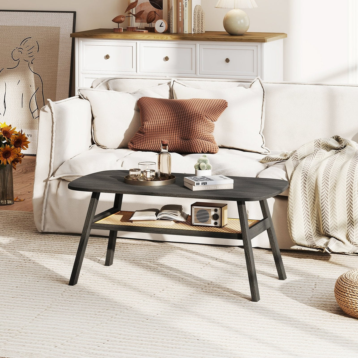 2-Tier Rectangular Center Coffee Table with Rattan Storage Shelf and Rubber Wood Legs-Dark Gray