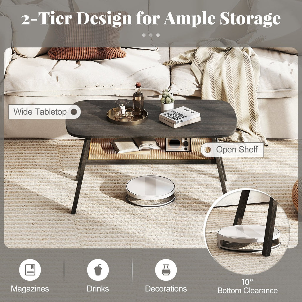 2-Tier Rectangular Center Coffee Table with Rattan Storage Shelf and Rubber Wood Legs-Dark Gray