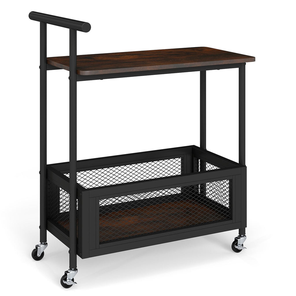 2-Tier Rolling End Table with Handle and Mesh Basket-Rustic Brown