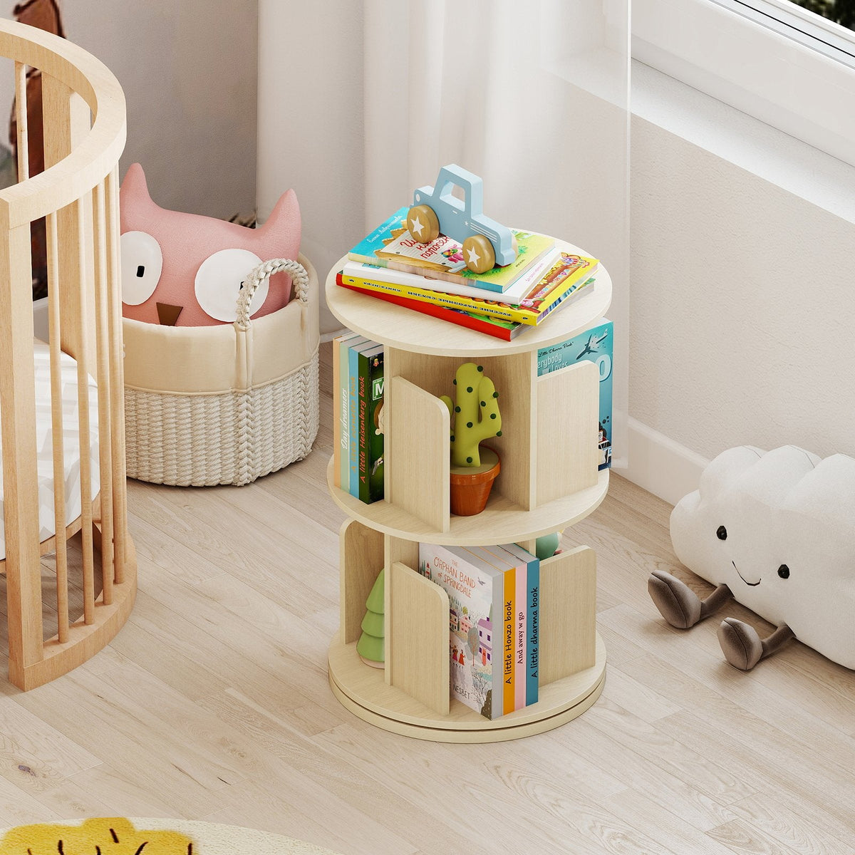 2-Tier Rotating Bookshelf with Dividers and Anti-falling Baffles-Natural