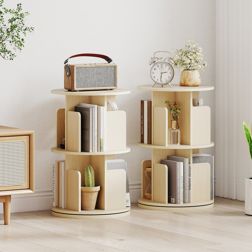 2-Tier Rotating Bookshelf with Dividers and Anti-falling Baffles-Natural