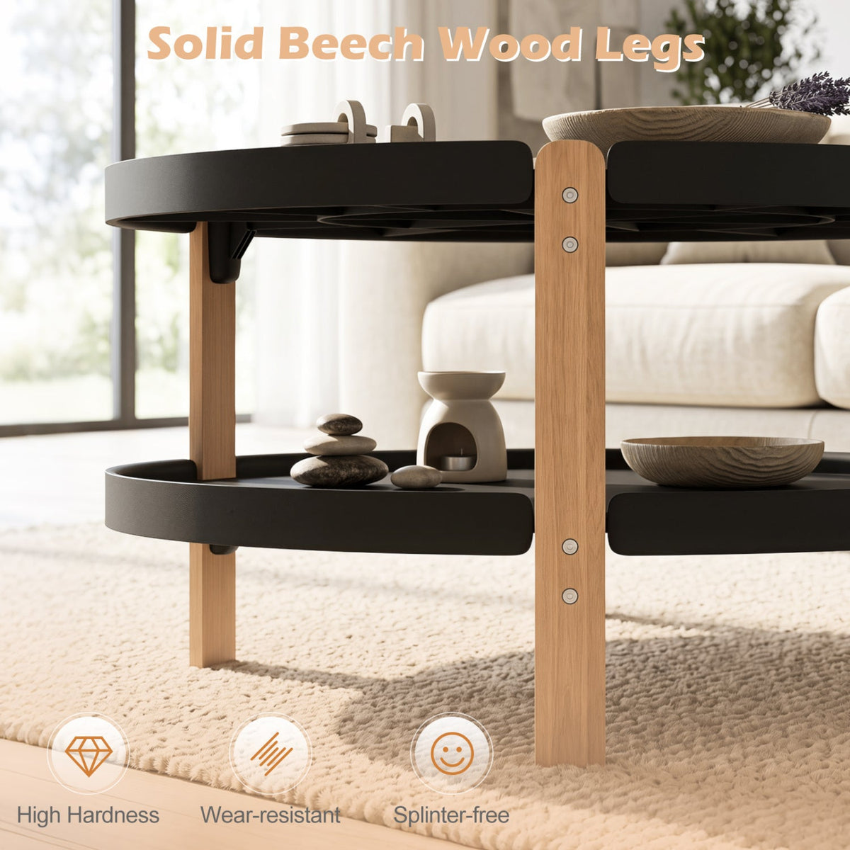 2-Tier Round Coffee Table with Open Storage Shelf and Solid Beech Wood Legs for Living Room-Black