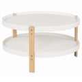 2-Tier Round Coffee Table with Open Storage Shelf and Solid Beech Wood Legs for Living Room-White