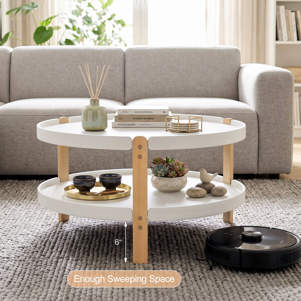 2-Tier Round Coffee Table with Open Storage Shelf and Solid Beech Wood Legs for Living Room-White