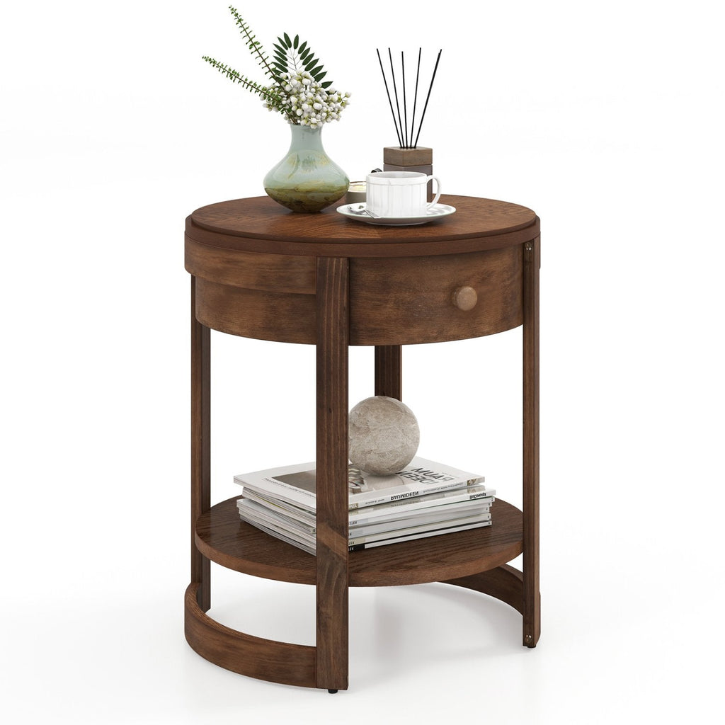 2-Tier Round End Table with Drawer and Shelf, Mid Century Modern