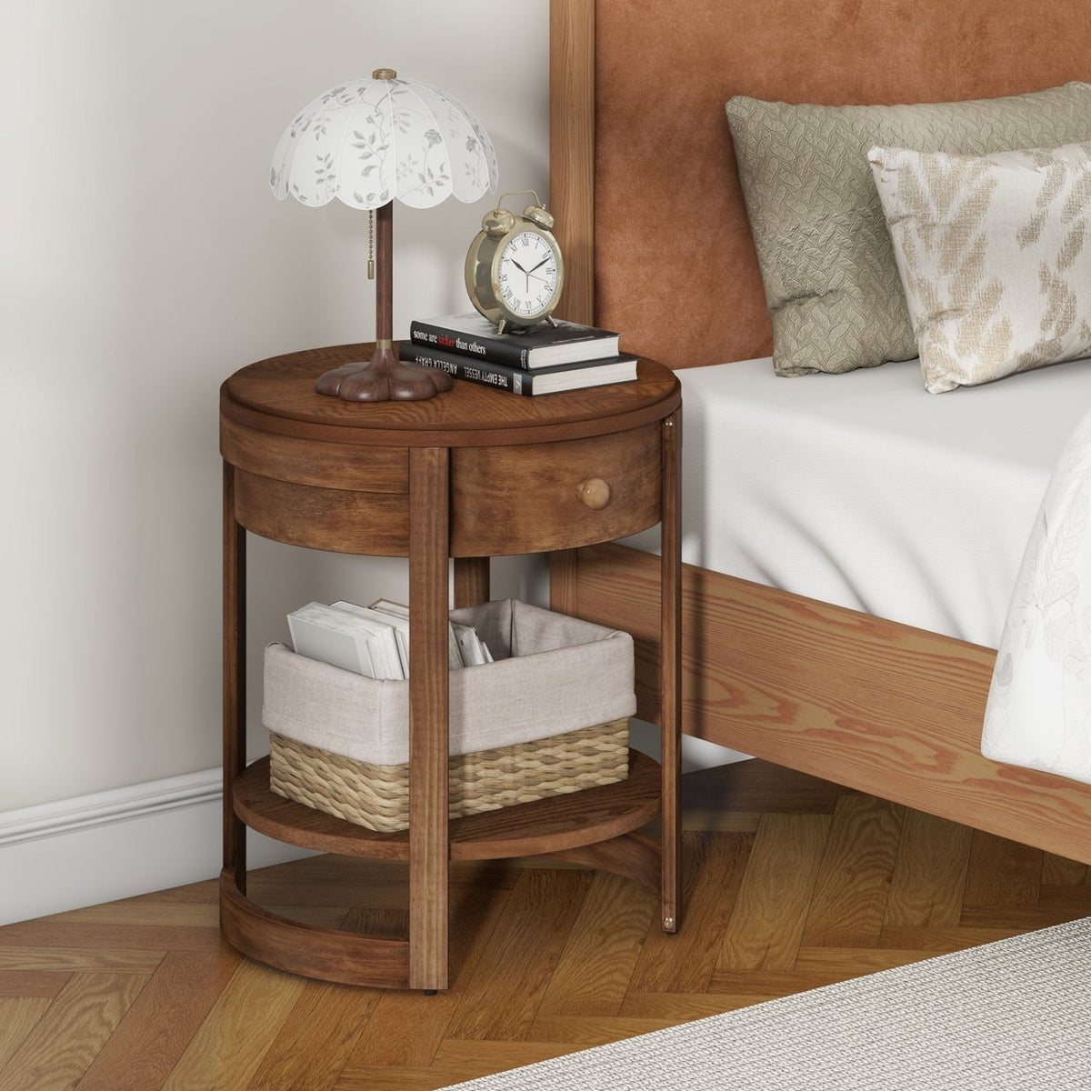 2-Tier Round End Table with Drawer and Shelf, Mid Century Modern