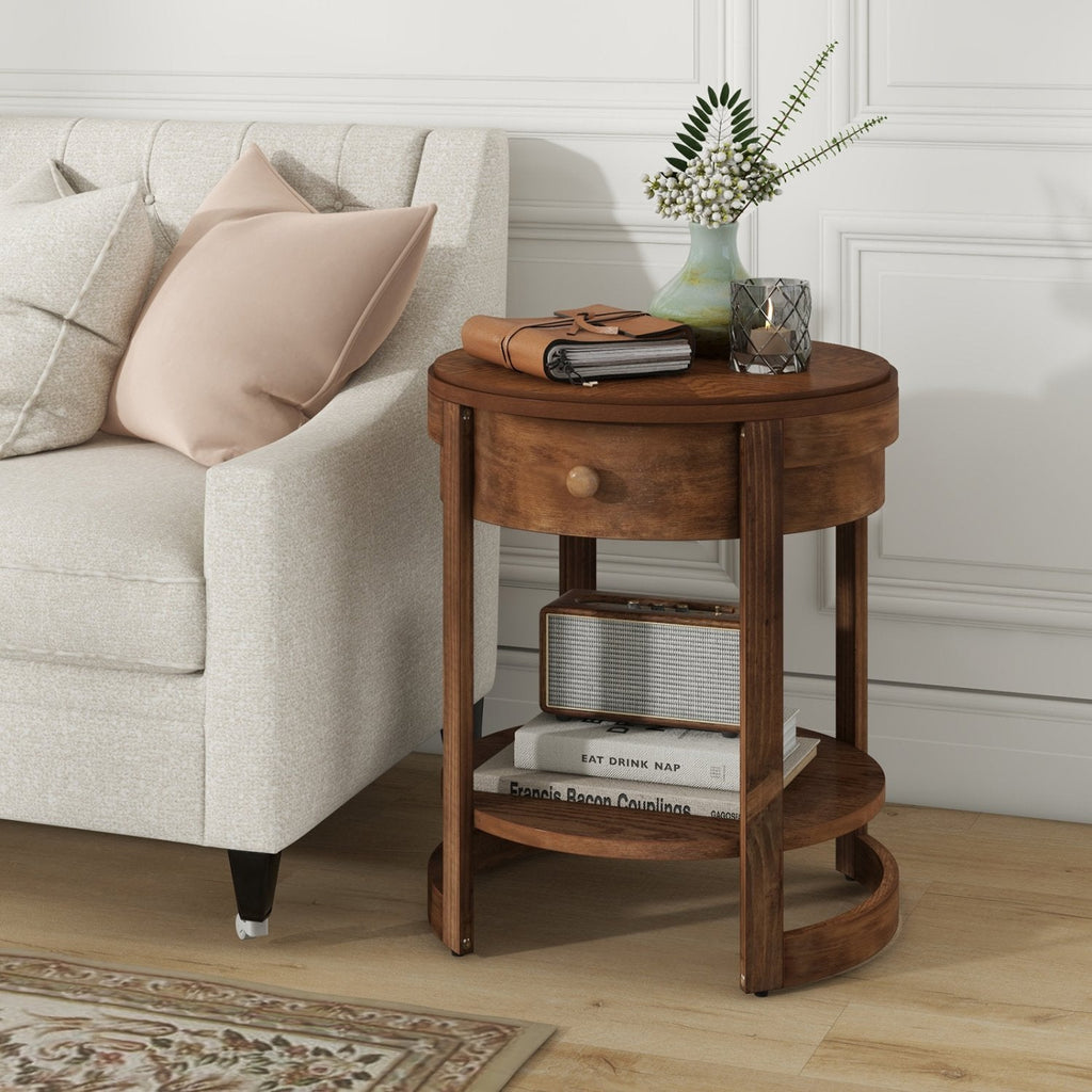 2-Tier Round End Table with Drawer and Shelf, Mid Century Modern