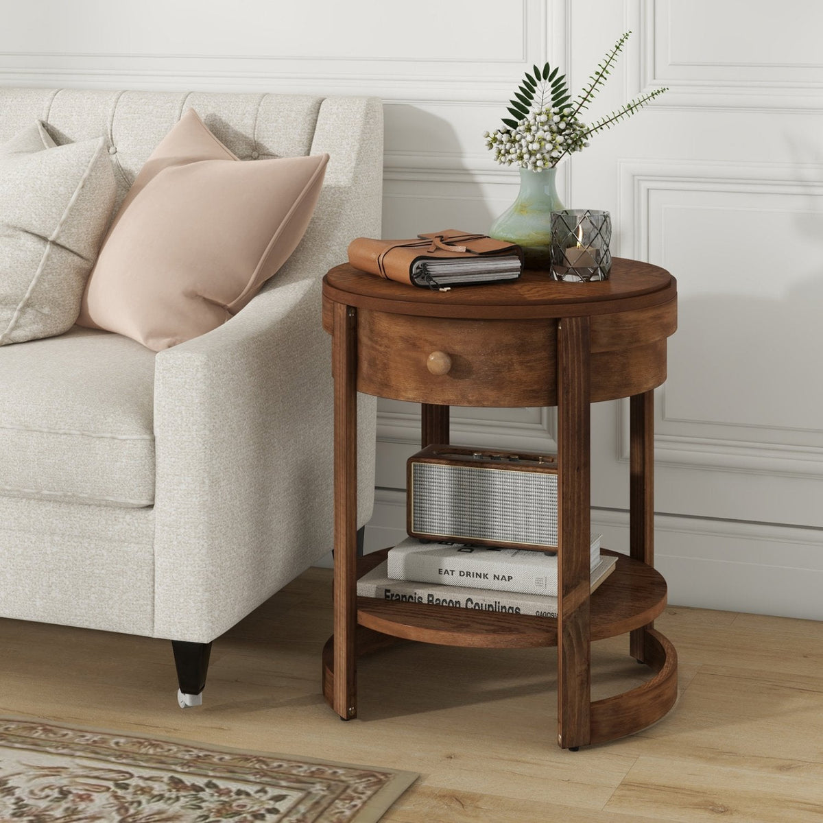 2-Tier Round End Table with Drawer and Shelf, Mid Century Modern