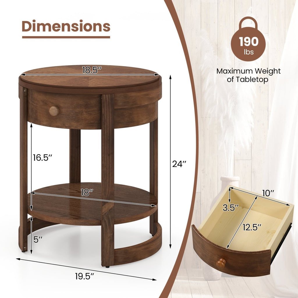 2-Tier Round End Table with Drawer and Shelf, Mid Century Modern