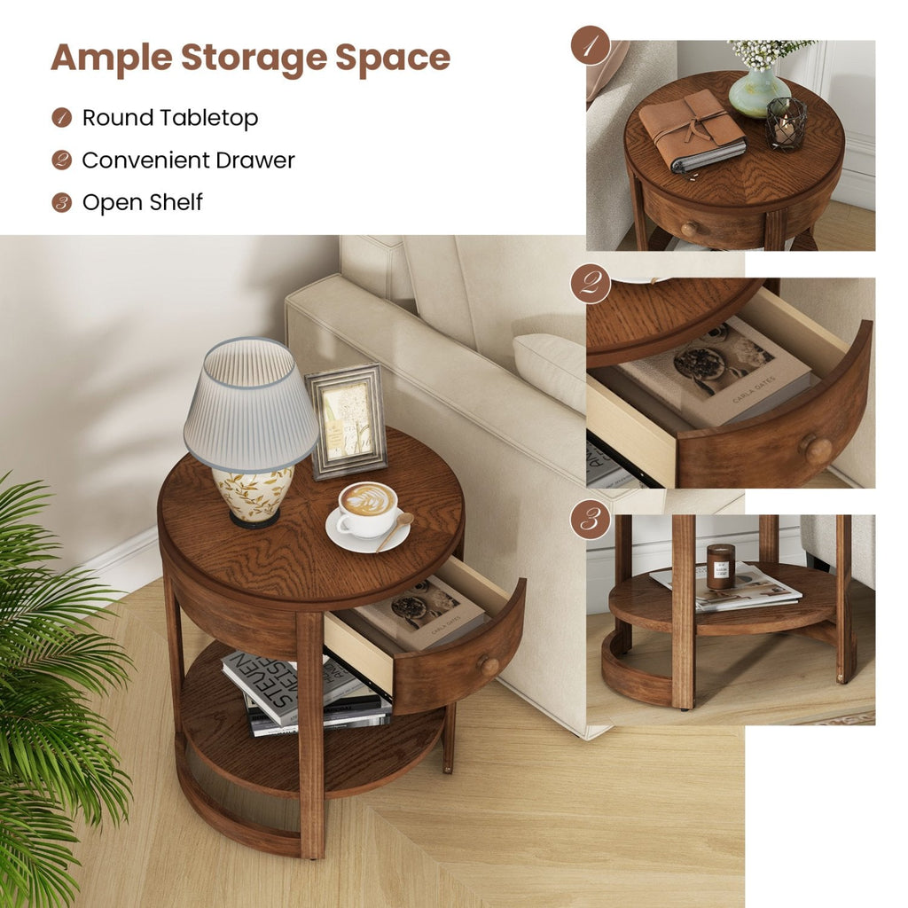 2-Tier Round End Table with Drawer and Shelf, Mid Century Modern