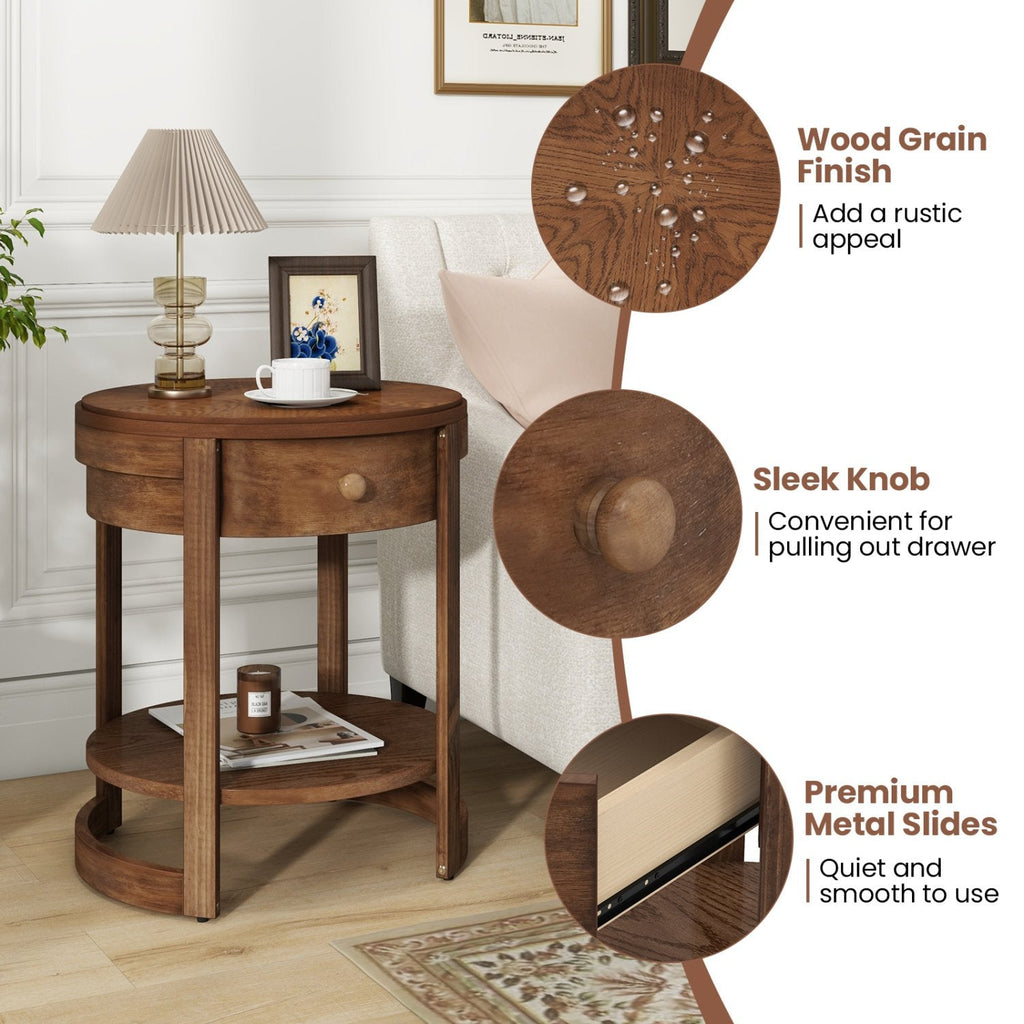 2-Tier Round End Table with Drawer and Shelf, Mid Century Modern