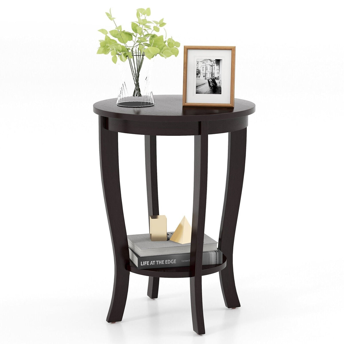 2 Tier Round End Table with Solid Rubber Wood Legs, Espresso