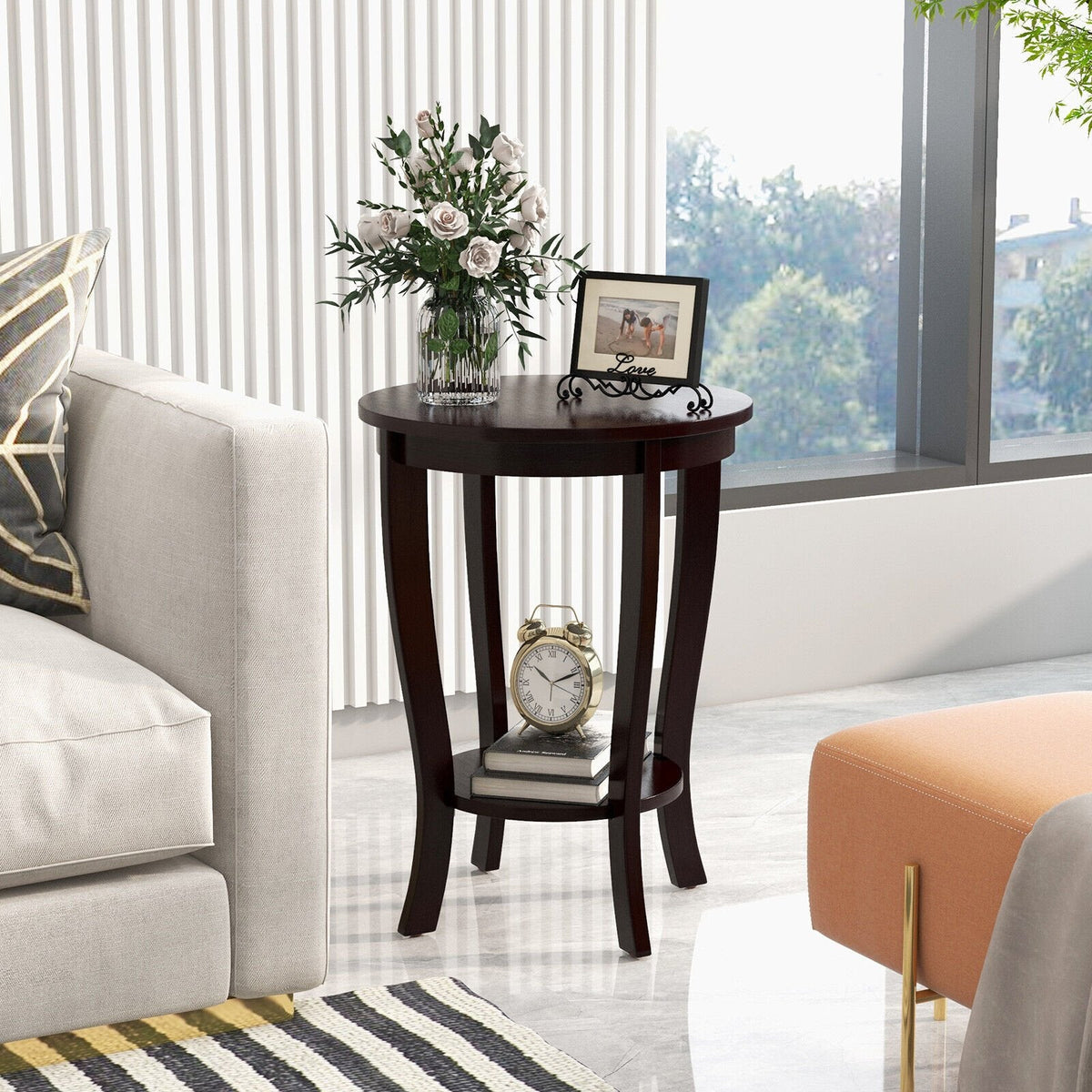 2 Tier Round End Table with Solid Rubber Wood Legs, Espresso