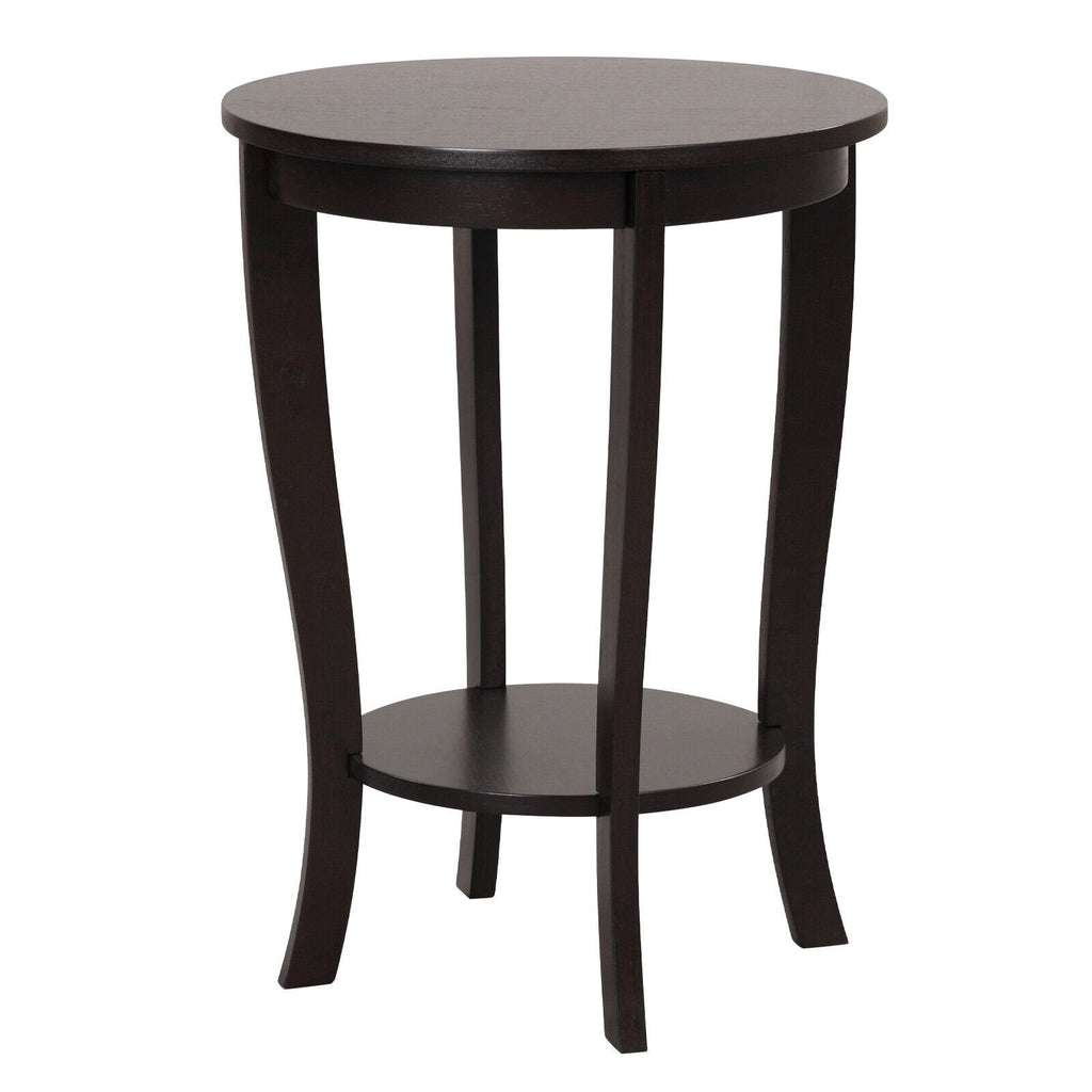 2 Tier Round End Table with Solid Rubber Wood Legs, Espresso