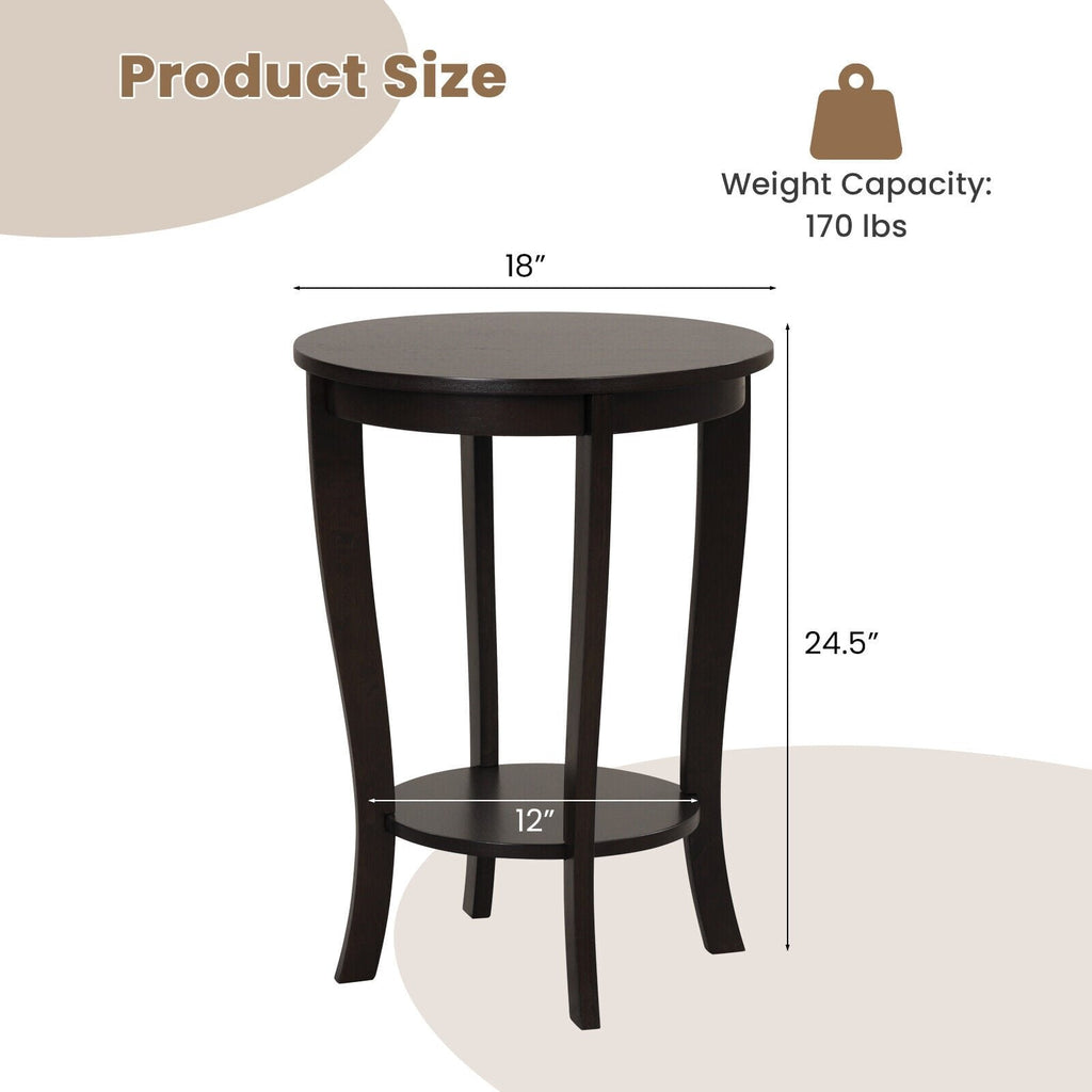 2 Tier Round End Table with Solid Rubber Wood Legs, Espresso