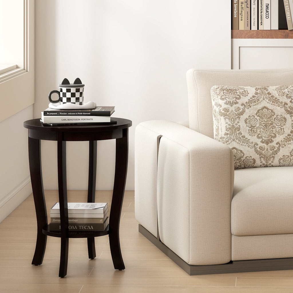 2 Tier Round End Table with Solid Rubber Wood Legs, Espresso
