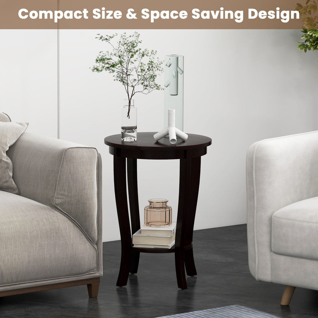2 Tier Round End Table with Solid Rubber Wood Legs, Espresso