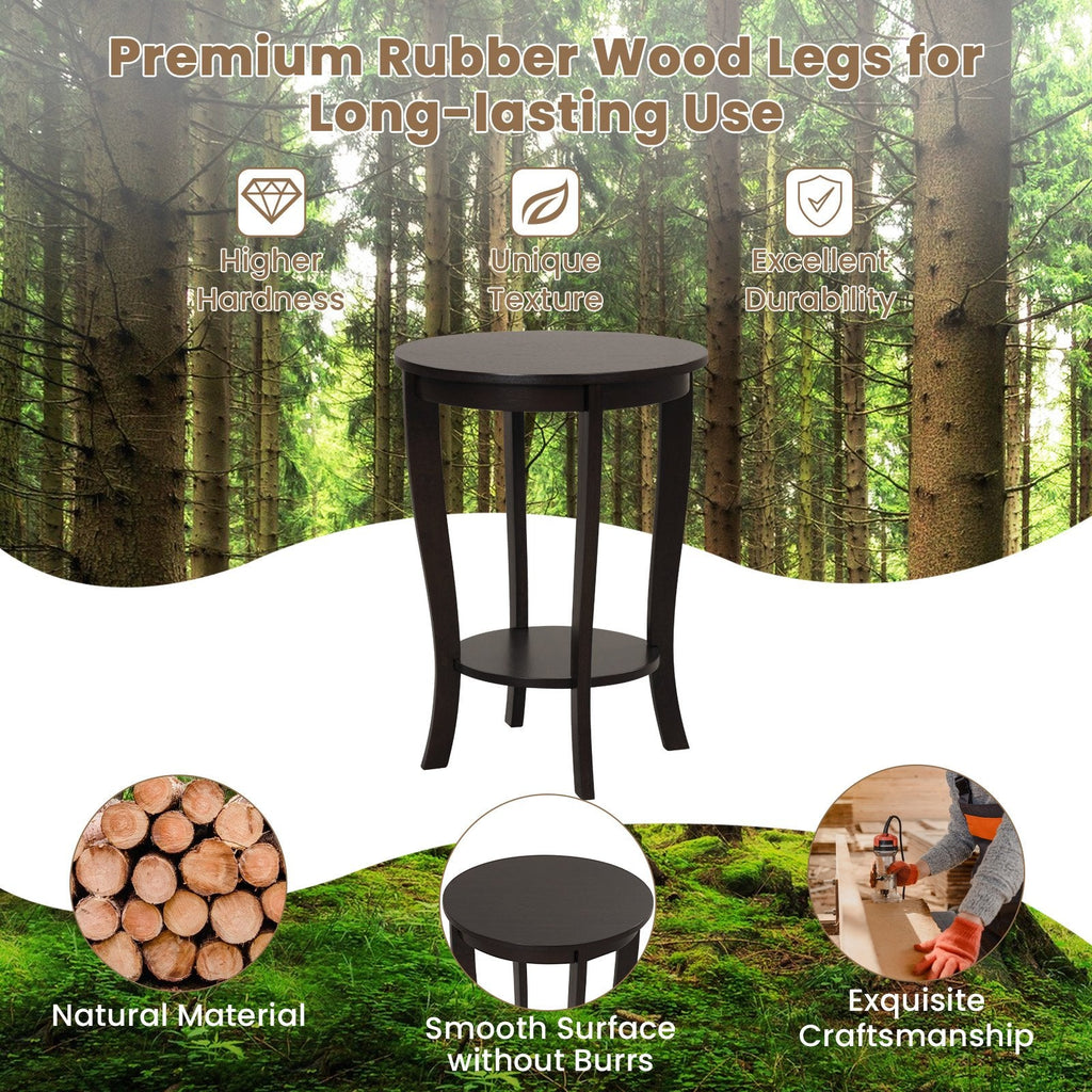 2 Tier Round End Table with Solid Rubber Wood Legs, Espresso
