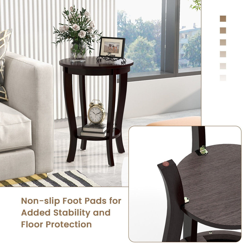 2 Tier Round End Table with Solid Rubber Wood Legs, Espresso