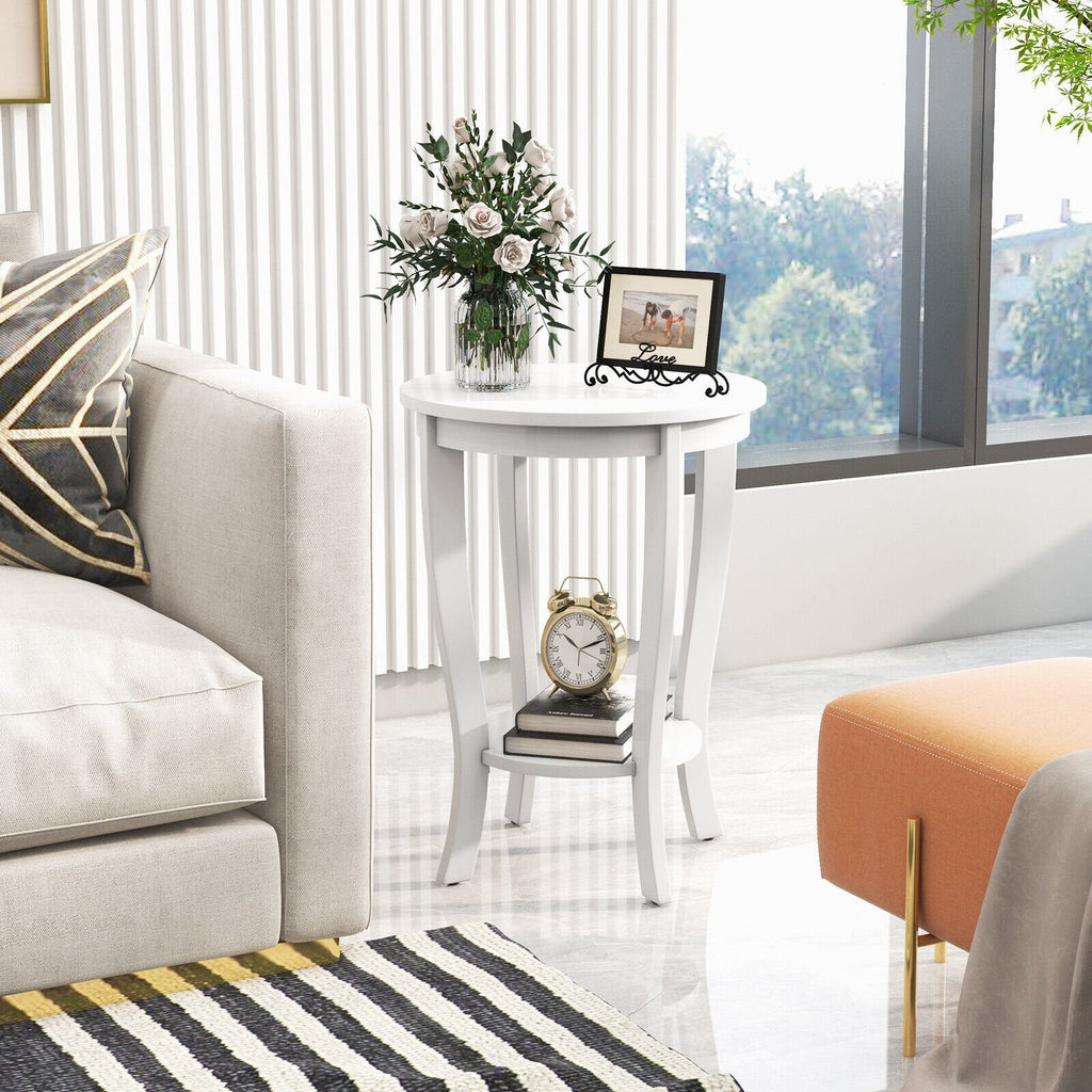 2 Tier Round End Table with Solid Rubber Wood Legs, White
